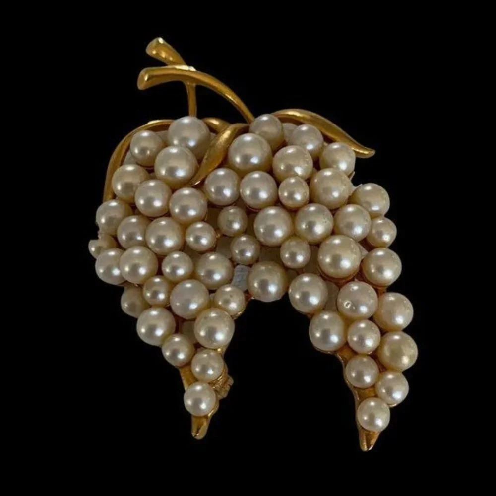 Vintage Marvella 24 Gold Plated Faux Pearl Double Grape Cluster Brooch